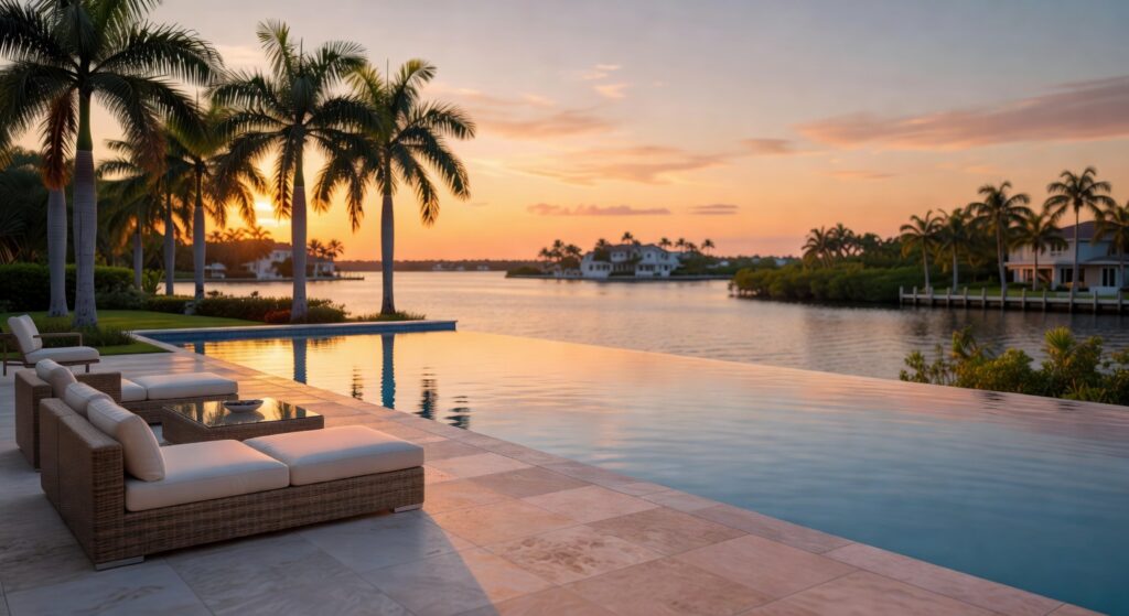 Ultra-realistic 8K photograph of a luxurious remodeled infinity edge pool in a Naples Florida waterfront backyard at golden hour with palm trees and contemporary outdoor furniture