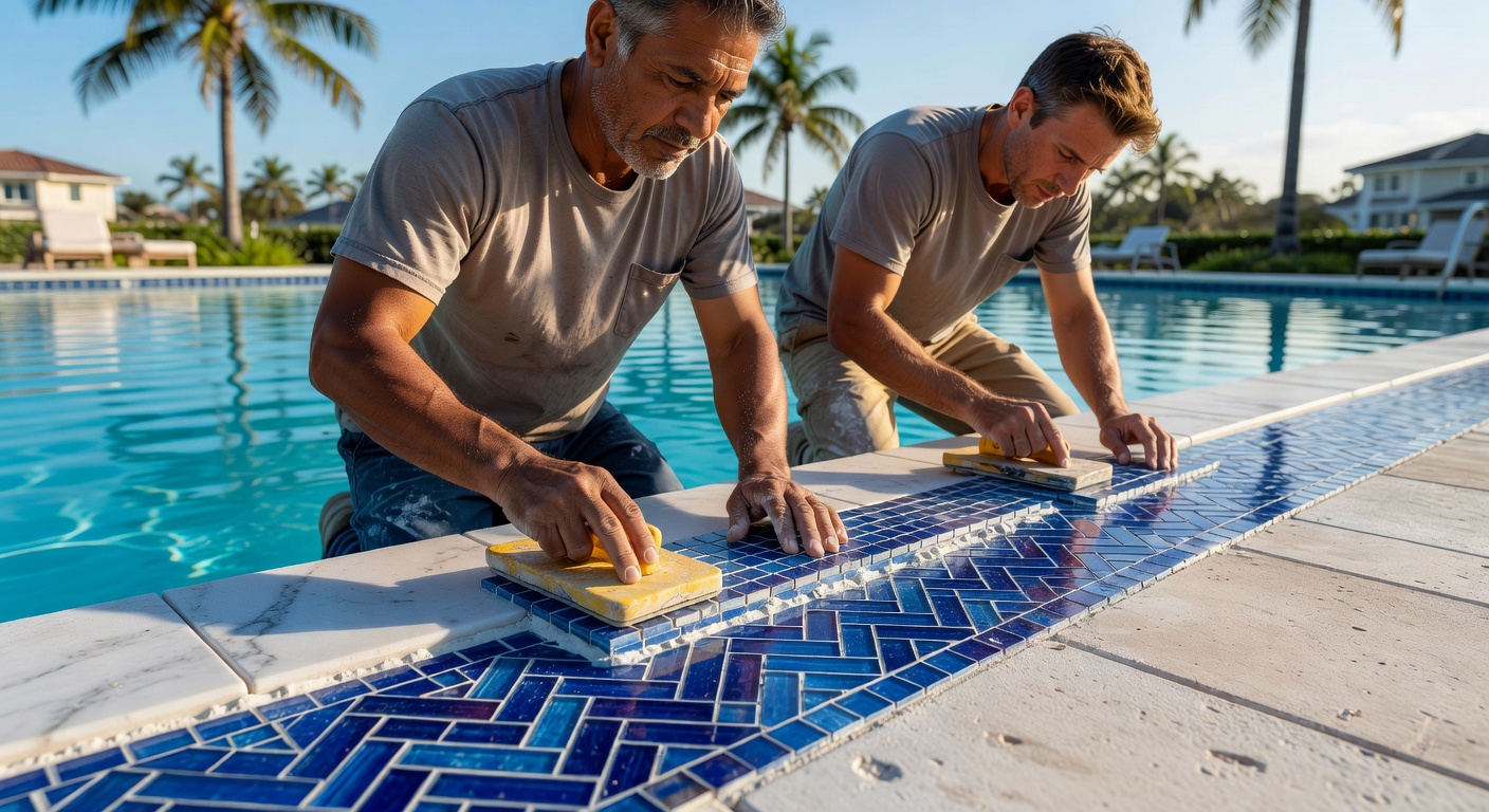 Close-up photorealistic image of skilled craftsmen installing intricate blue glass mosaic tile waterline detail in a Naples luxury pool remodel