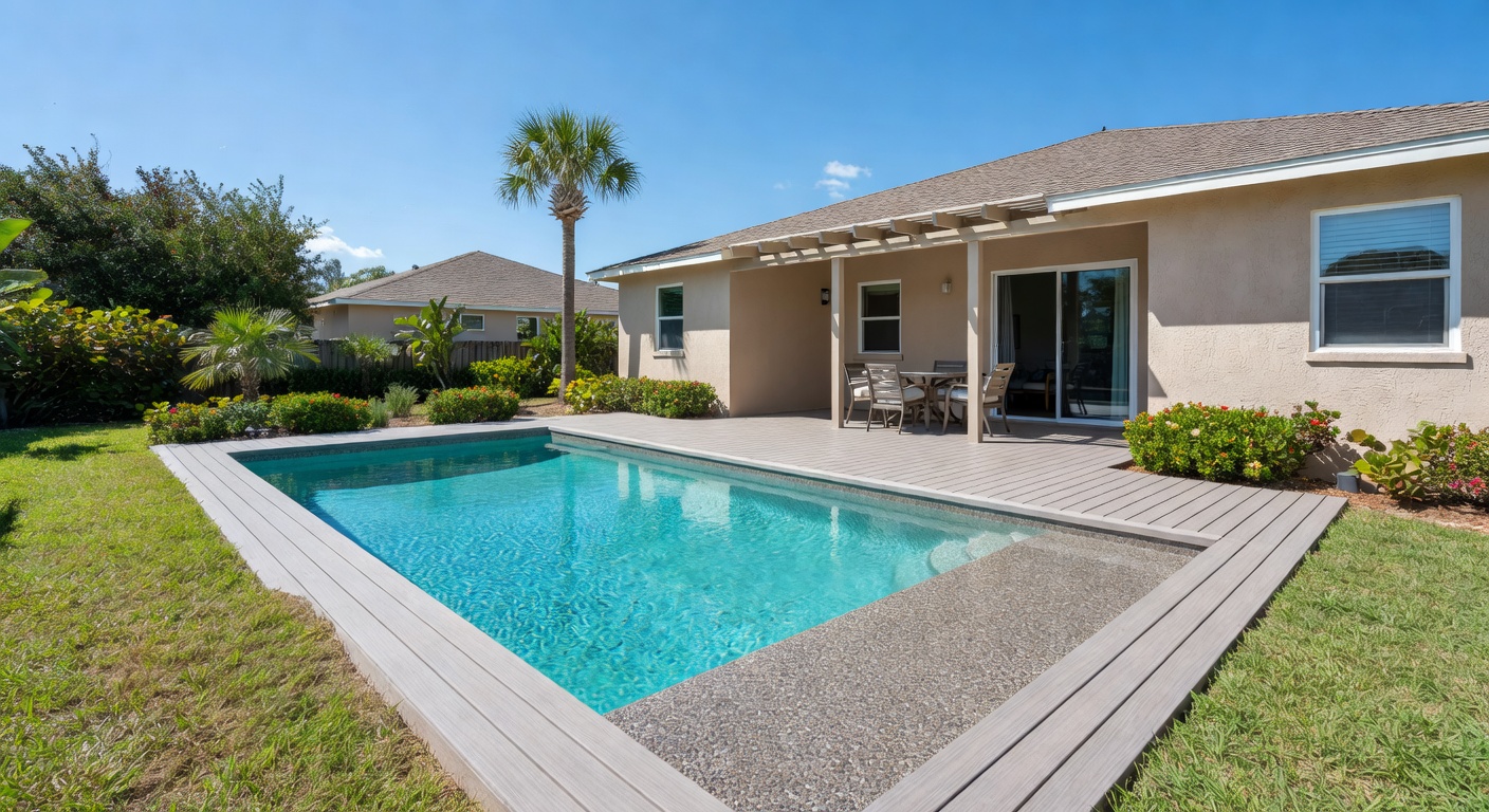 Family enjoying a newly remodeled family-friendly pool with sun shelf and shallow play area on a bright sunny day in Southwest Florida