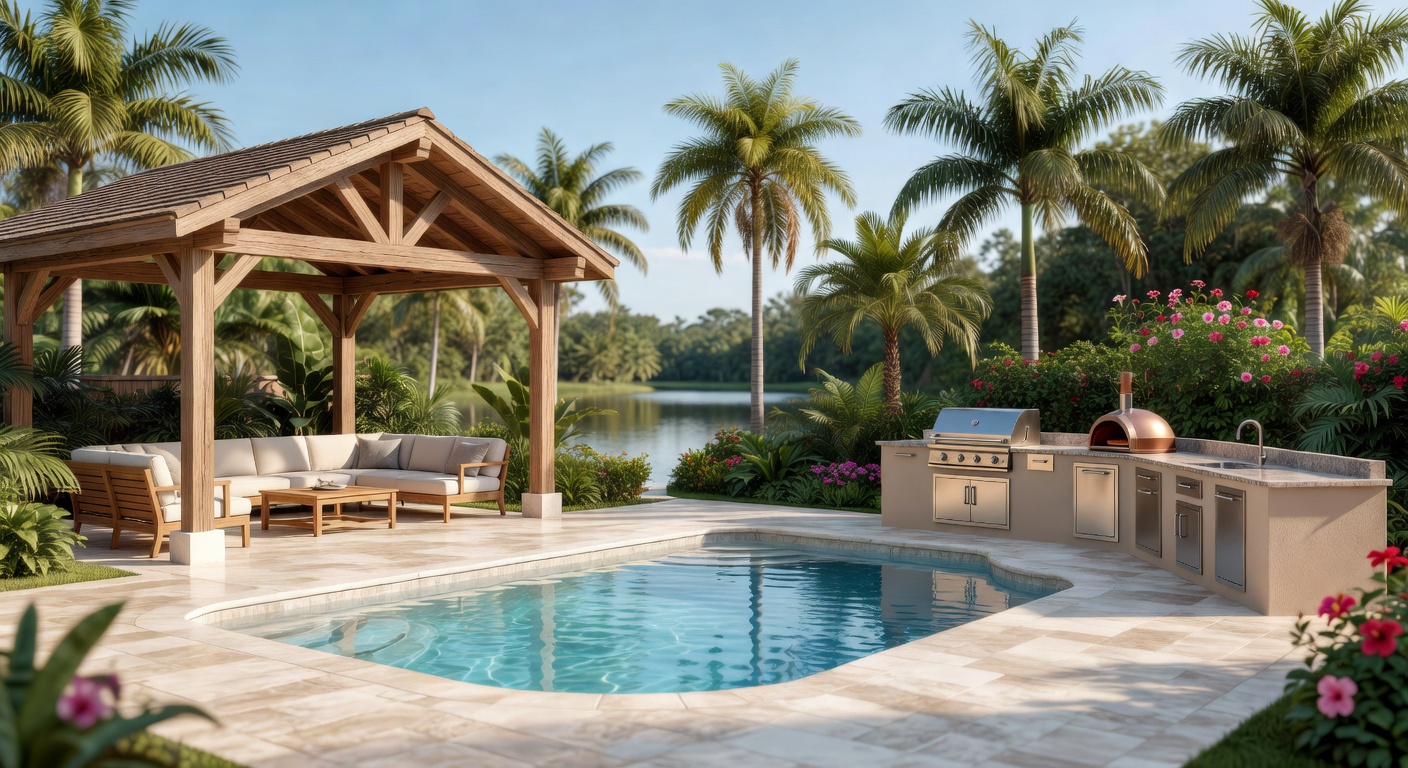 Contractor presenting different pool finish samples including pebble, quartz, and tile options to clients at an outdoor table in Bonita Springs