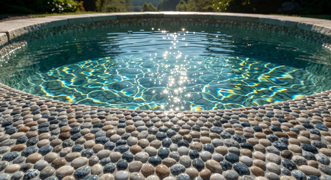 Close-up ultra-realistic 8K image showing detailed texture of premium pebble pool finish with crystal clear turquoise water and sparkling sunlight reflections