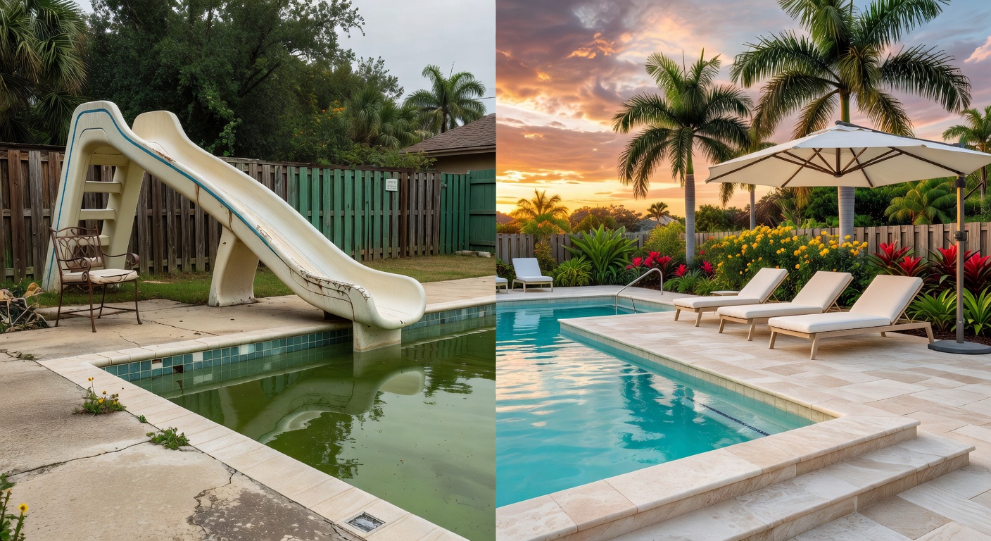 Split-screen ultra-realistic before-and-after photograph of a dated 1990s pool completely transformed into a modern resort-style oasis in Bonita Springs