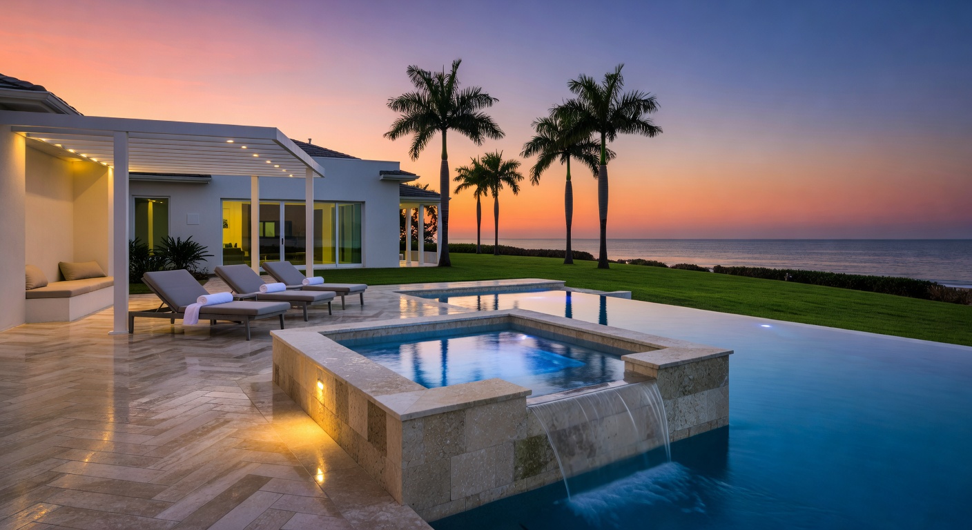 Elegant attached spa with cascading waterfall feature integrated into a newly remodeled swimming pool at twilight in a high-end Southwest Florida estate