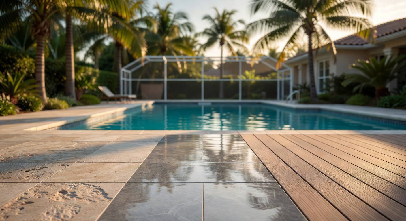 Photorealistic 8K comparison of three pool deck materials including travertine stone, porcelain pavers, and composite decking in a Florida backyard setting