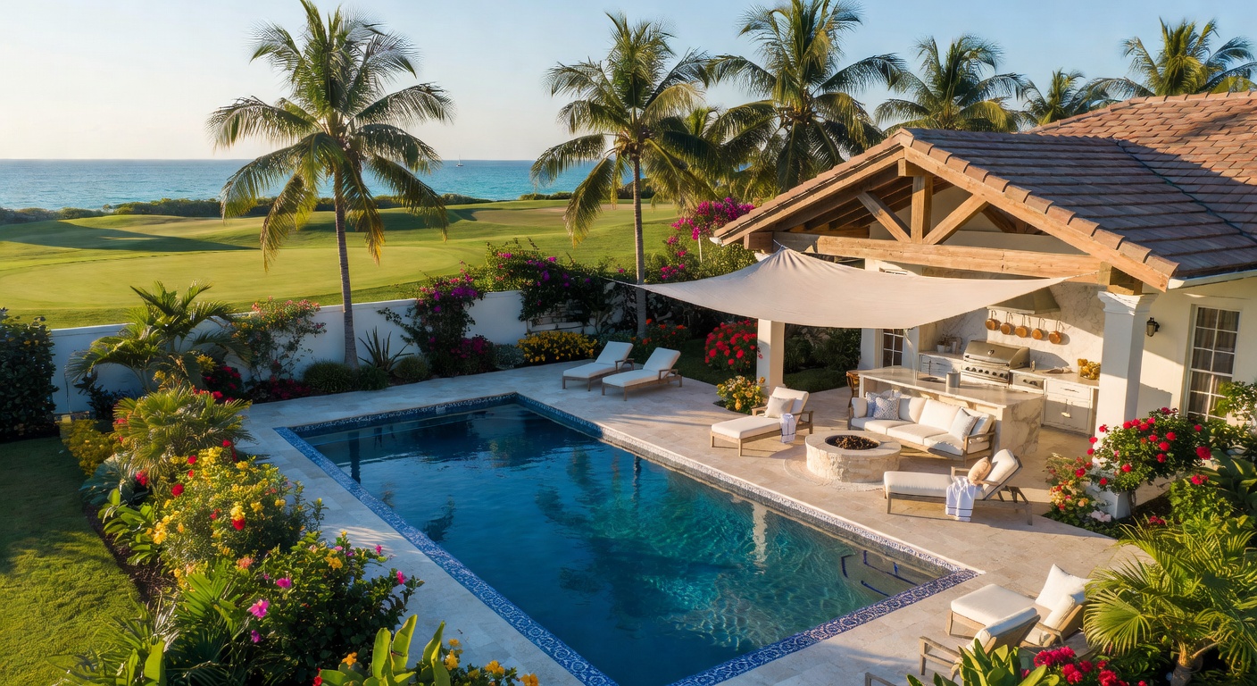 Aerial ultra-realistic 8K drone shot of a fully remodeled luxury residential pool complex with lanai, summer kitchen, and tropical landscaping in SWFL