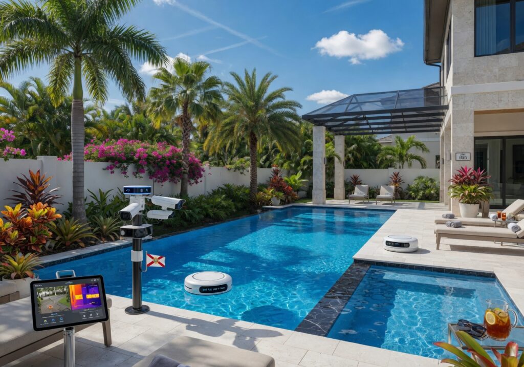 Ultra-realistic 8K photograph of a luxurious backyard swimming pool in Estero Florida with modern AI monitoring equipment visible, bright blue water, tropical landscaping, sunny day with blue sky, high detail, photorealistic