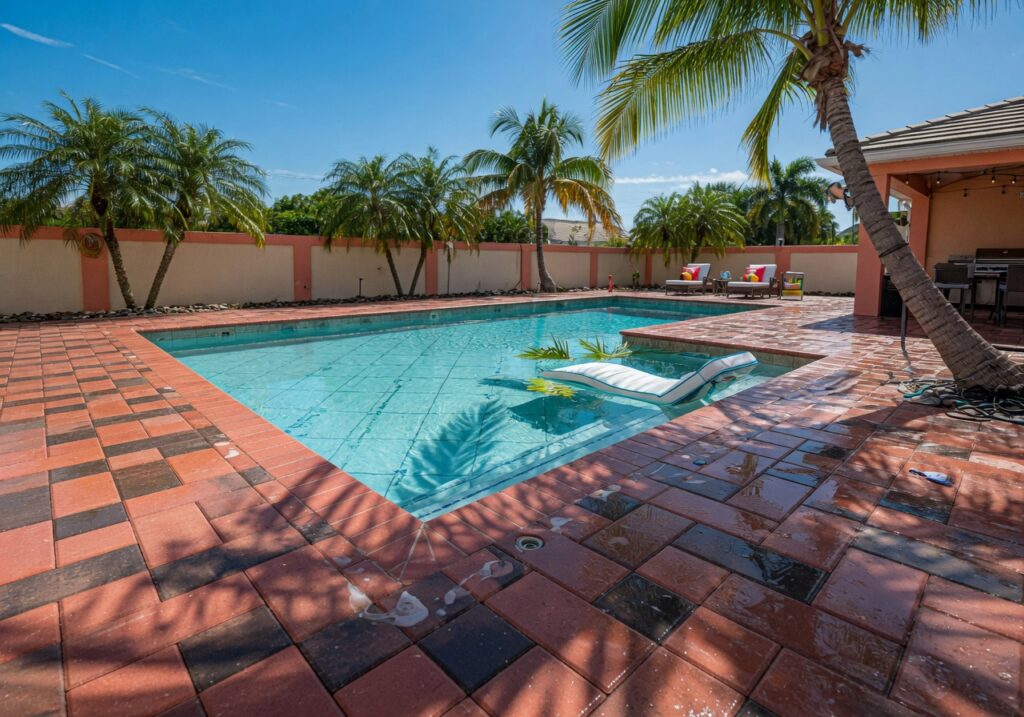 Ultra-realistic 8K photo of freshly sealed pavers around a luxurious Southwest Florida swimming pool with crystal clear water, bright blue sky, and palm trees casting shadows, showing deep color enhancement and wet look finish
