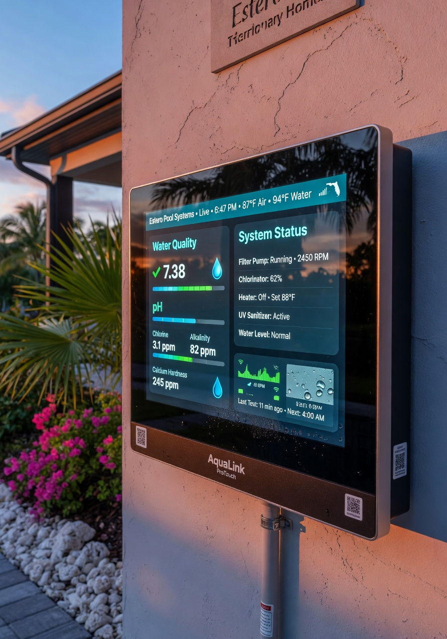 Photorealistic 8K image of a smart pool control panel mounted on a modern home in Estero Florida, displaying real-time water quality metrics and system status
