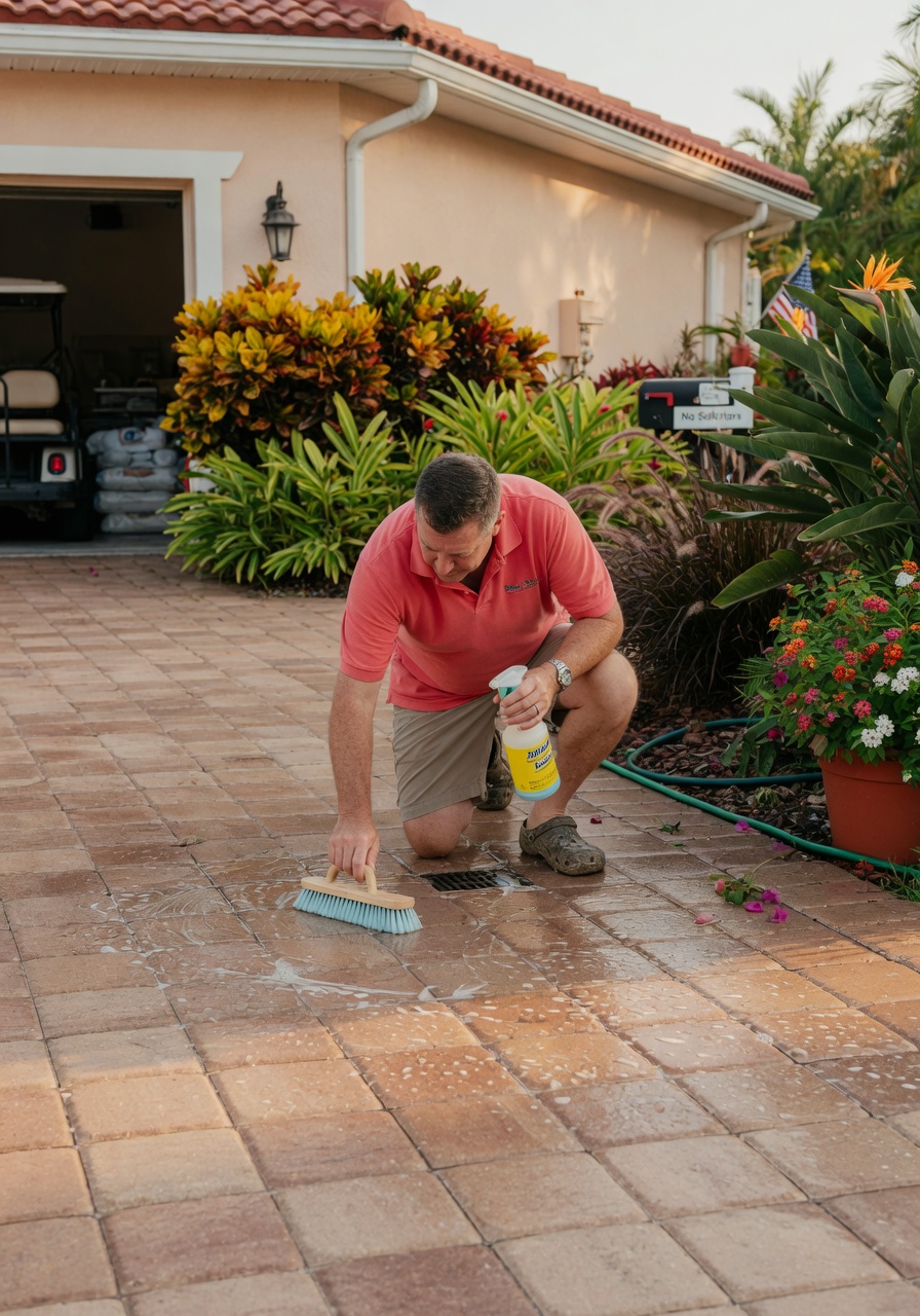 Homeowner maintaining sealed pavers by gently cleaning with soft brush and mild detergent, realistic suburban Florida setting with landscaping