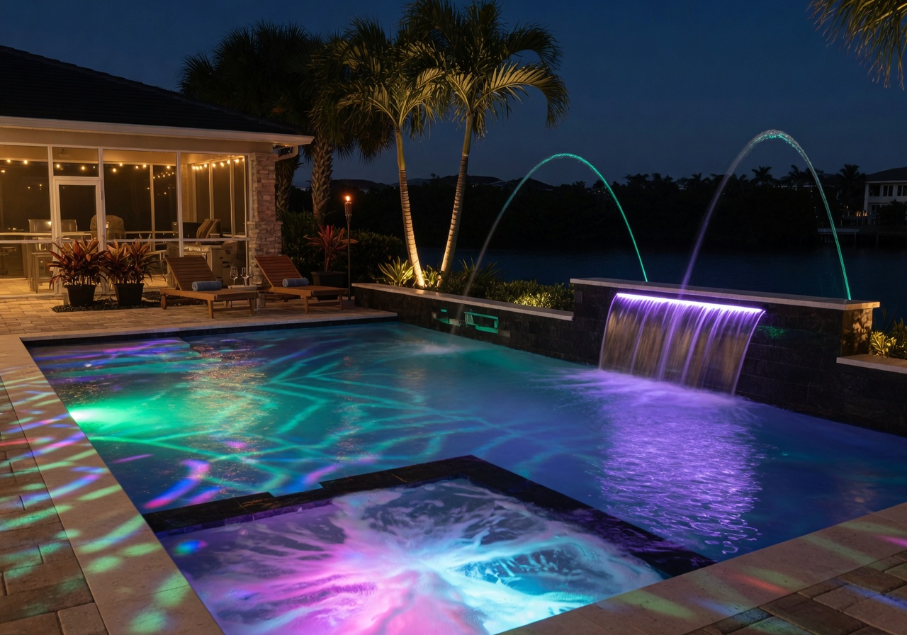 Night view of a Southwest Florida pool with underwater LED lights creating beautiful patterns on the water surface, automated water features running, luxury residential setting