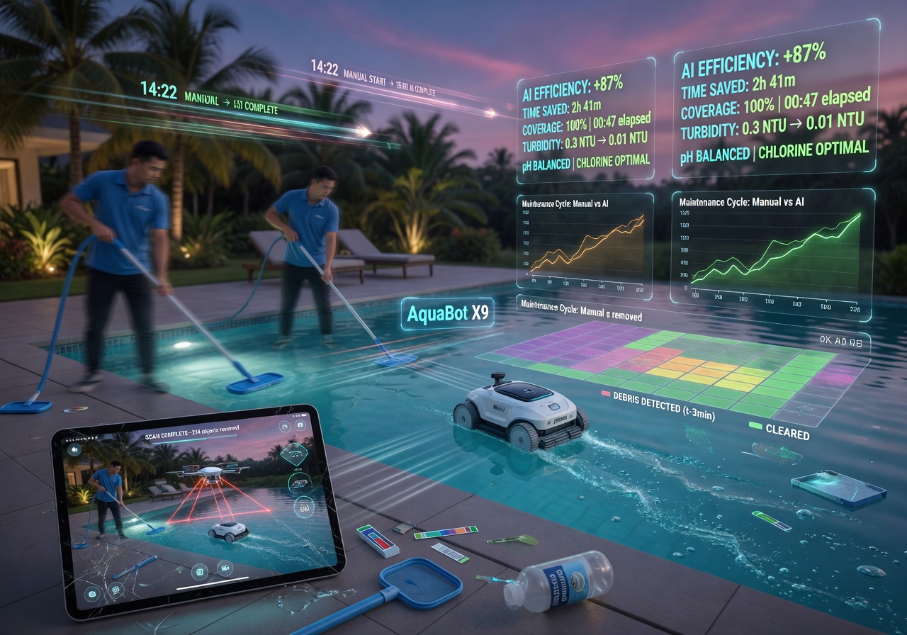 Photorealistic 8K image of a smart pool control panel mounted on a modern home in Estero Florida, displaying real-time water quality metrics and system status