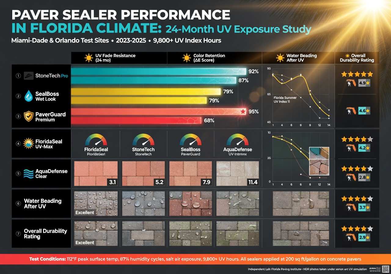 Comparison chart visualization of different paver sealer brands performance in Florida climate with UV exposure data, professional infographic style
