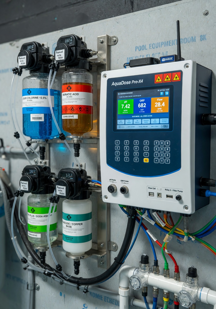 Advanced automatic chemical dosing system with multiple canisters and digital controls mounted on a pool equipment wall, professional installation, sharp technical detail