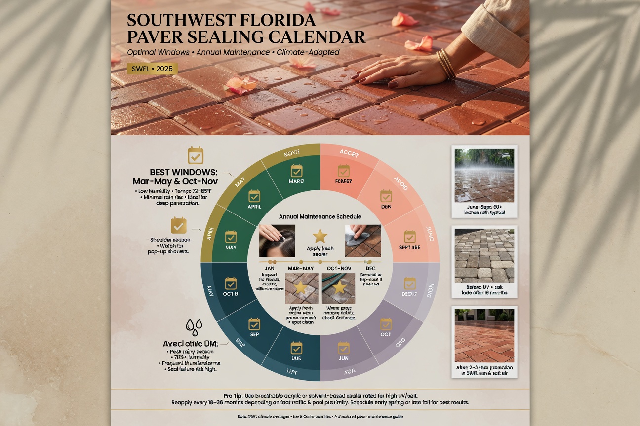 Seasonal maintenance calendar infographic for paver sealing in Southwest Florida climate, showing optimal months and maintenance schedule, clean design
