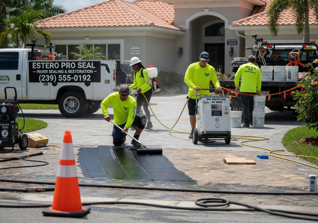 Professional paver sealing crew working on large residential project in Estero Florida, multiple workers, equipment, and materials visible, realistic scene