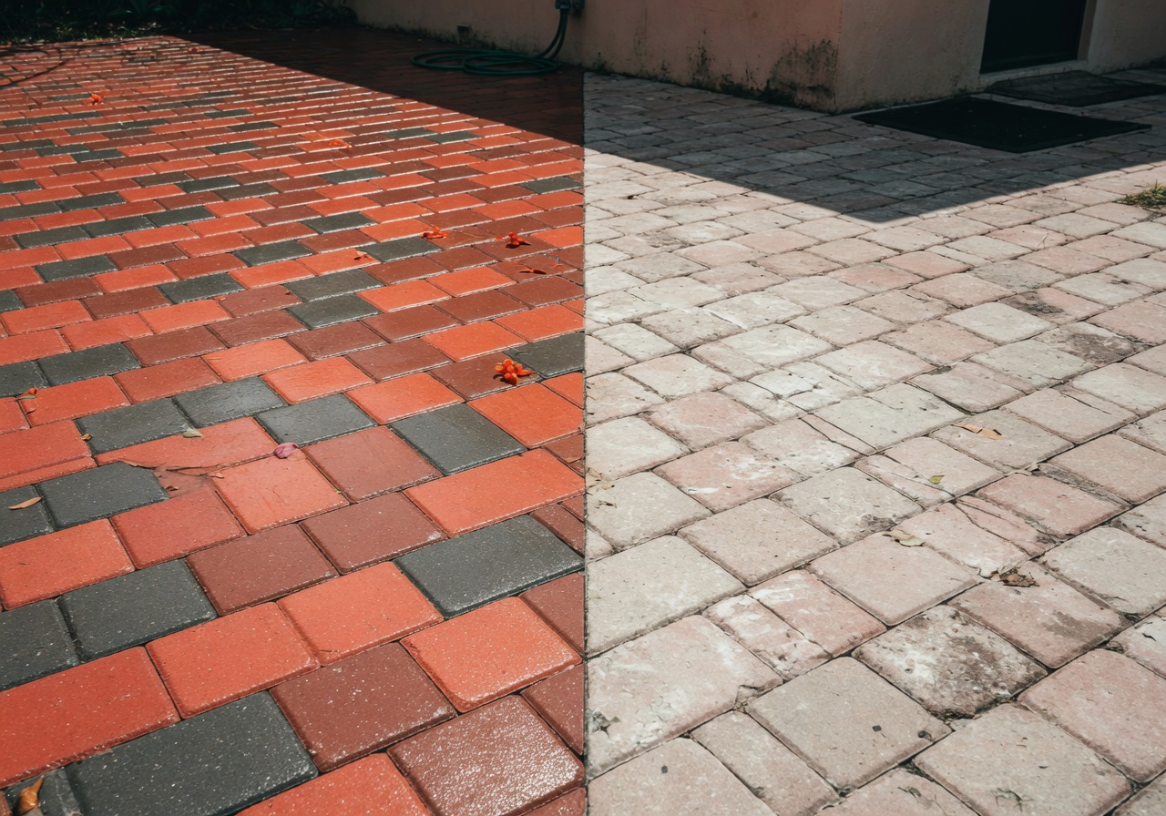 Long-term 8K photograph of 5-year-old sealed pavers still looking vibrant in harsh Florida sun next to an older unsealed section showing dramatic difference