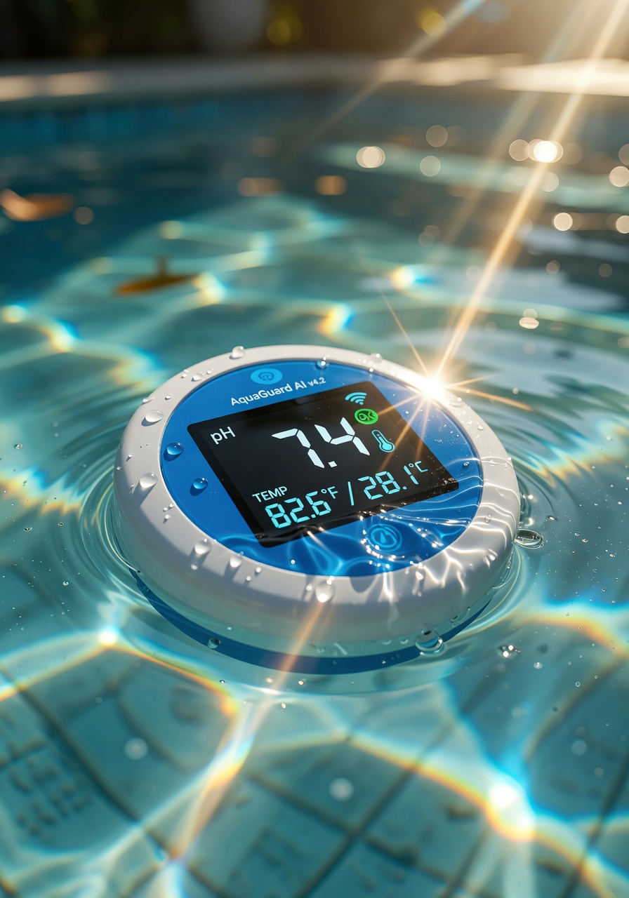 Close-up ultra-realistic 8K image of an AI pool sensor floating in crystal clear swimming pool water, digital display showing pH and temperature readings, sunlight reflections, bokeh background