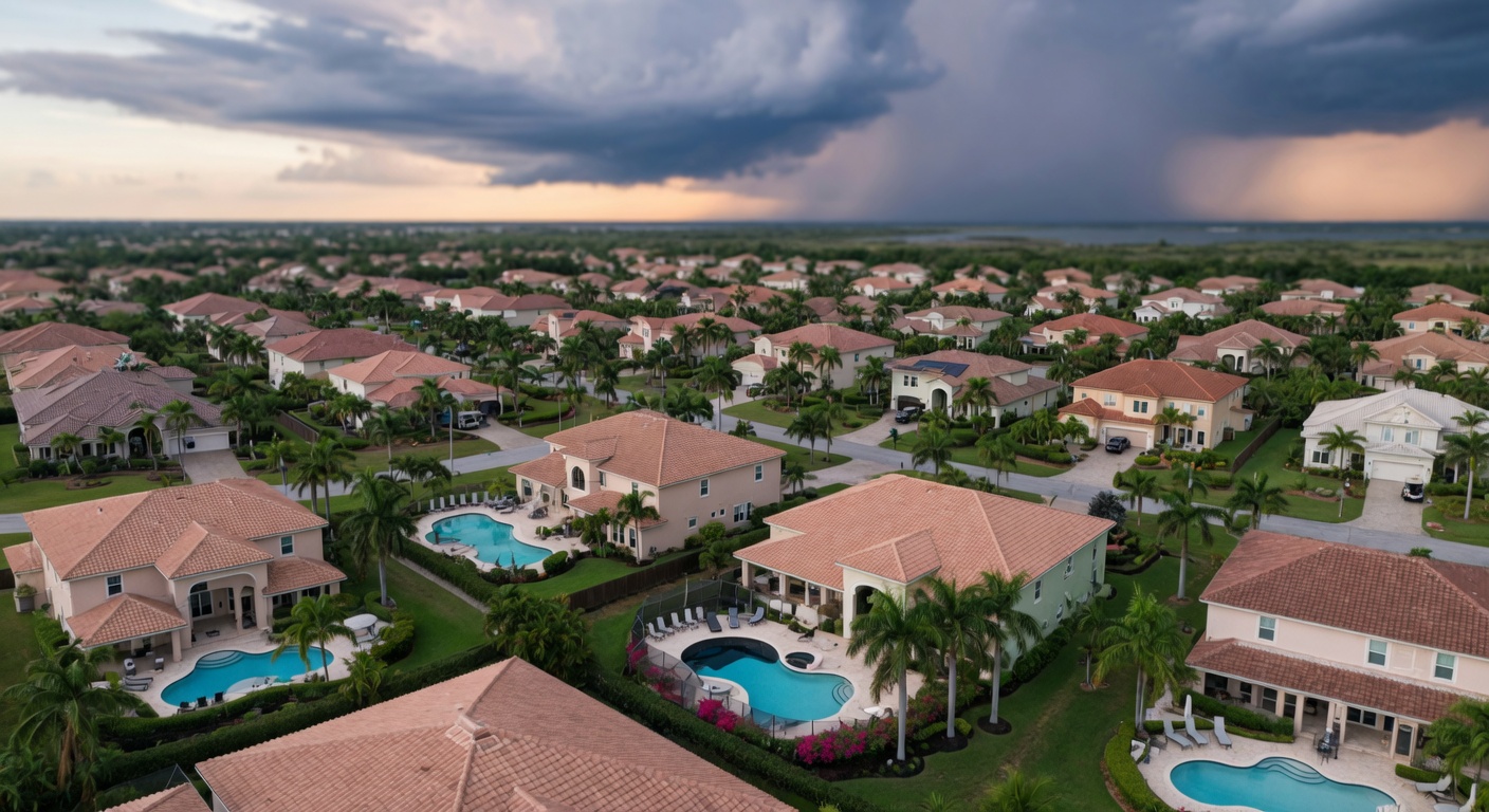 Photorealistic 8K aerial view of a Southwest Florida residential community in Estero showing multiple homes with swimming pools, palm trees, and afternoon thunderstorm clouds in distance