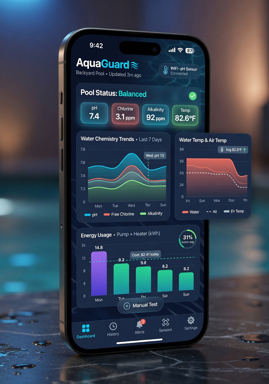 Smartphone screen displaying pool monitoring dashboard app with beautiful charts showing water chemistry trends, temperature, and energy usage, modern UI design, realistic phone interface