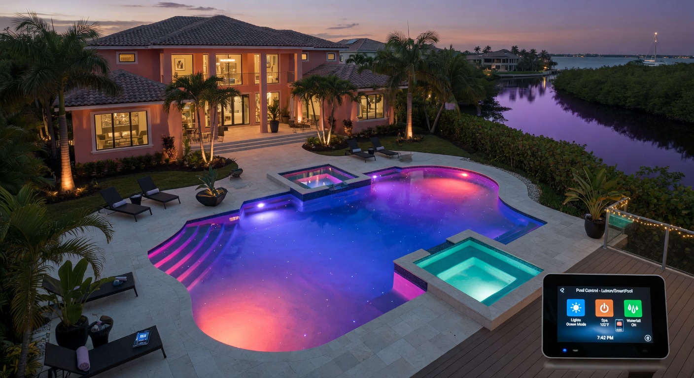 Aerial view of an elegant Southwest Florida residential pool at dusk with smart LED lighting activated, automation control panel visible, luxury home in background, 8K resolution