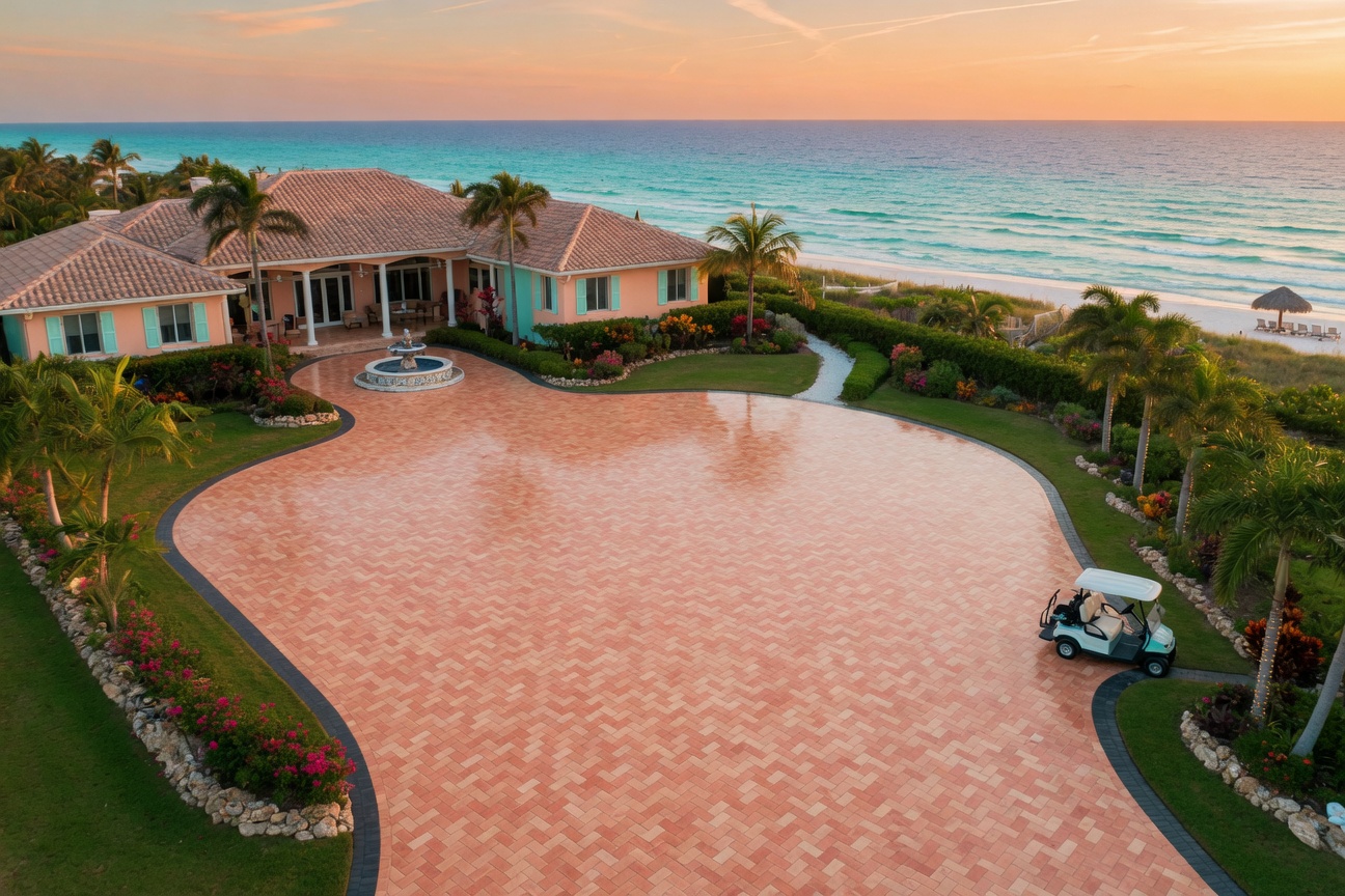 Aerial view of beautifully sealed paver driveway in coastal Southwest Florida home with turquoise ocean visible in background, golden hour lighting, 8K resolution