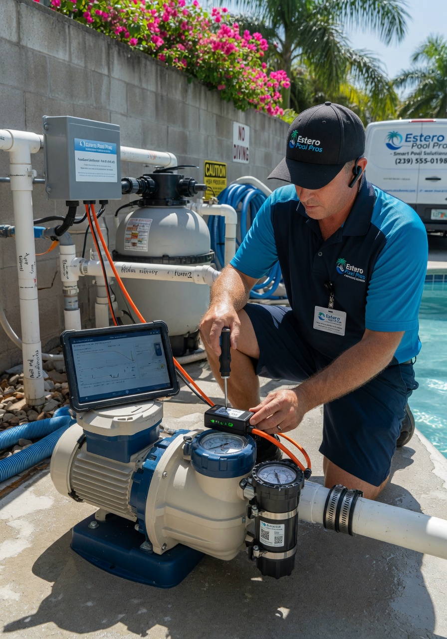 Professional pool technician in Estero FL installing IoT sensors on a swimming pool pump system, wearing company uniform, sunny Florida day, realistic documentary style