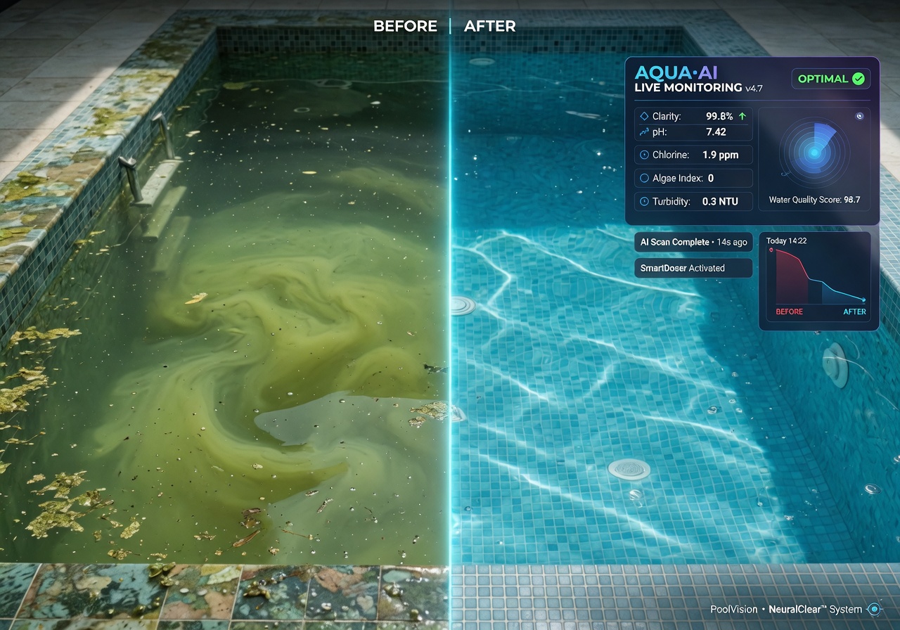 Ultra-realistic 8K image showing before and after split screen of pool water quality, left side green and cloudy, right side crystal clear blue with AI monitoring system overlay