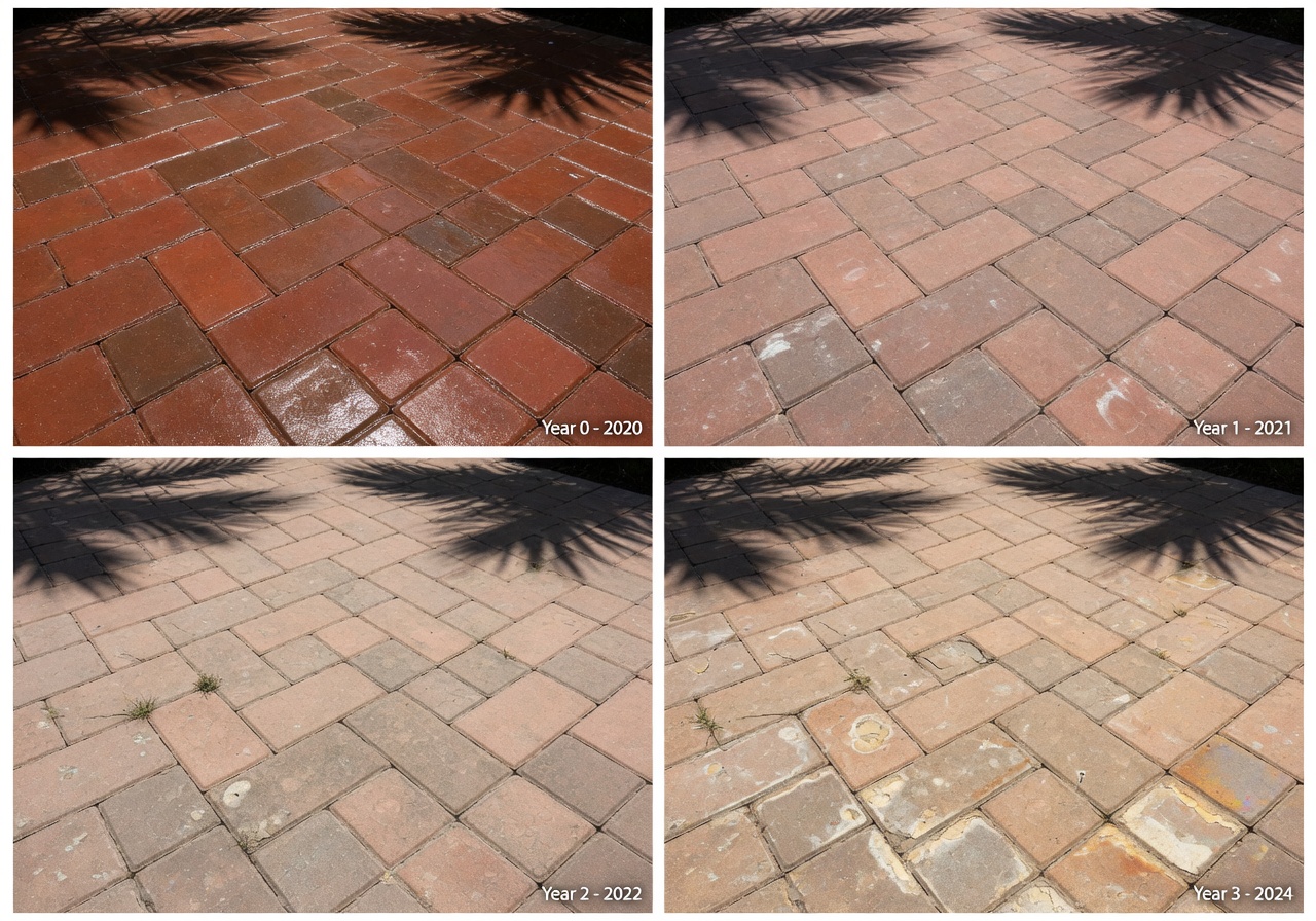Time-lapse style sequence showing paver sealer degradation over 4 years in intense Florida sun, four panels showing progressive fading, realistic photography