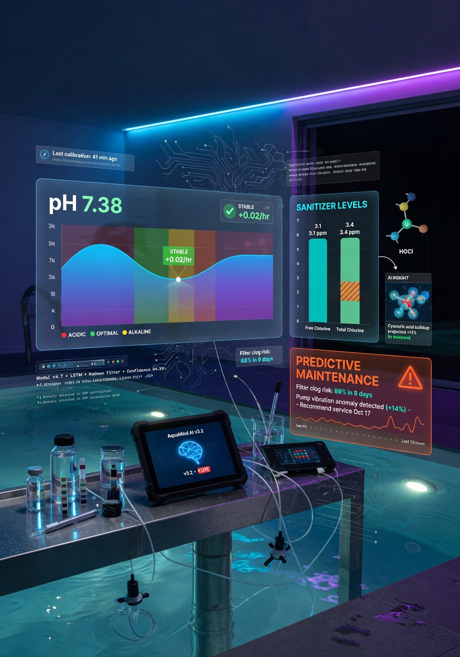 Ultra-detailed visualization of AI algorithms analyzing pool water data with floating holographic graphs showing pH balance, sanitizer levels, and predictive maintenance alerts, futuristic but realistic