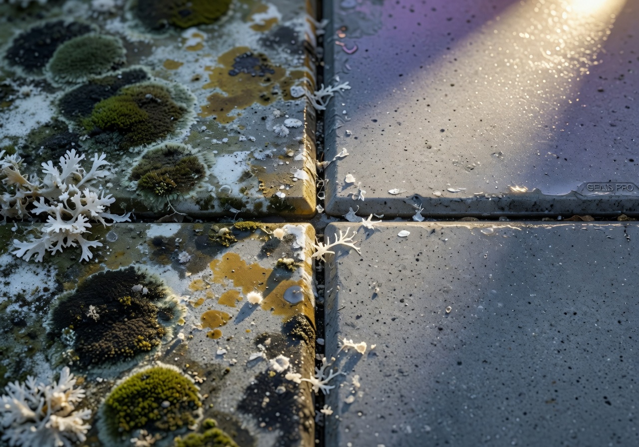 Close-up of mold and efflorescence growing on unsealed pavers versus perfectly clean sealed pavers side by side, educational comparison, sharp 8K detail