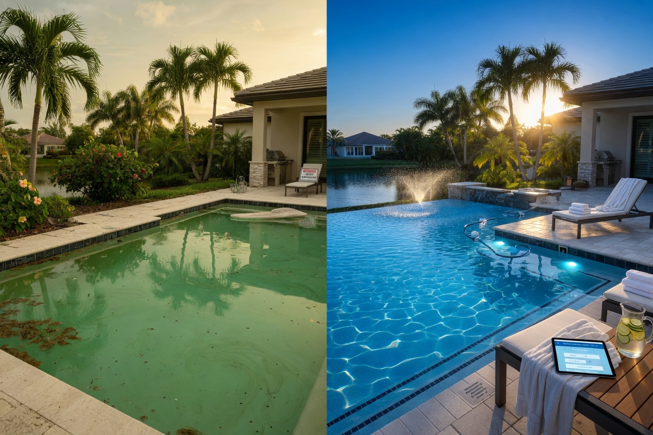 Before and after split image showing cloudy green pool water versus perfectly clear blue water maintained by AI automation system, same backyard setting in Estero Florida