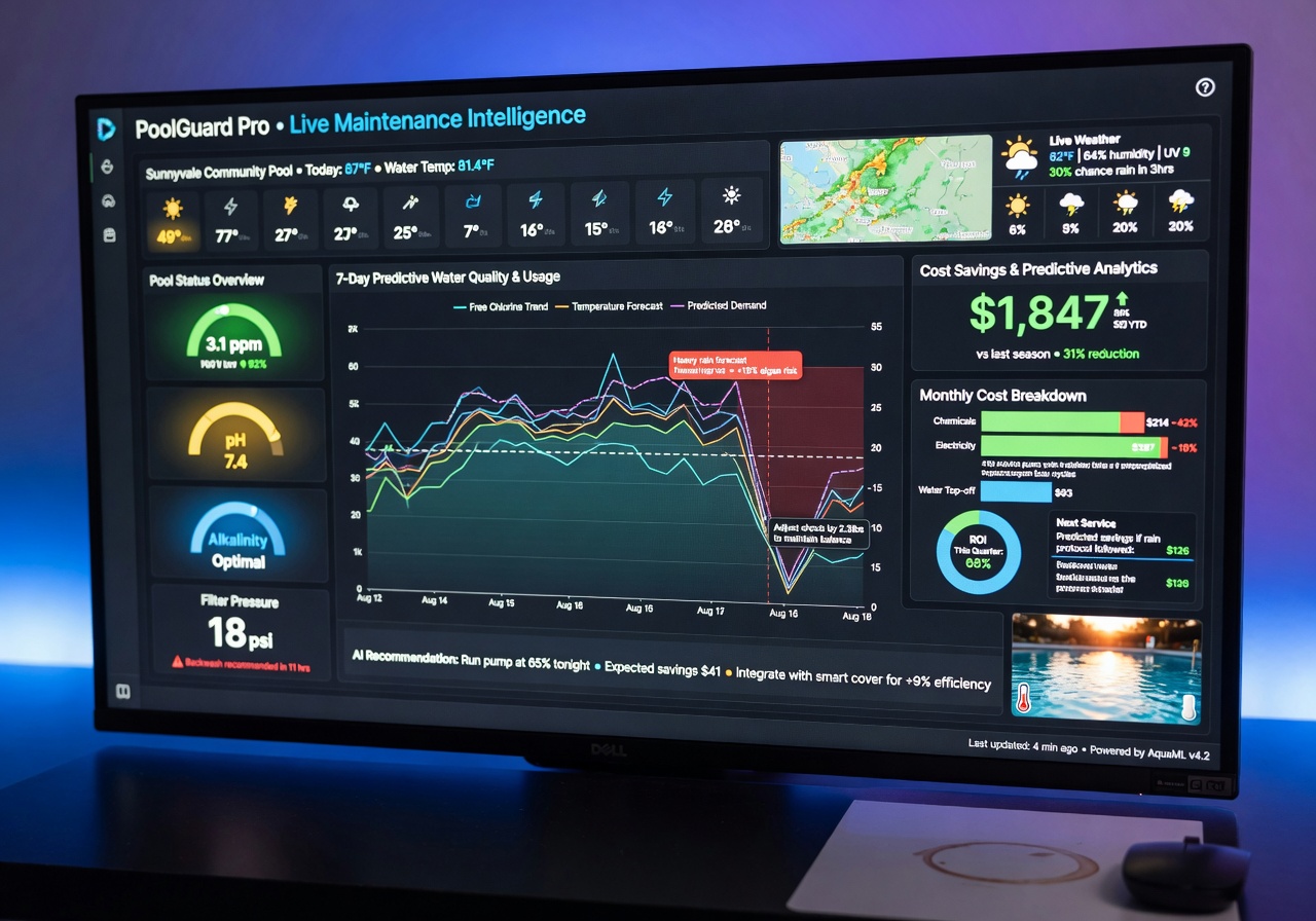 Ultra-realistic 8K visualization of data analytics dashboard for pool maintenance with predictive graphs, weather integration, and cost savings metrics displayed on large monitor