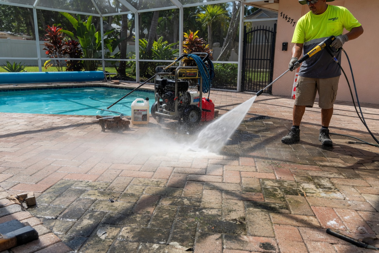 Technician pressure washing pavers before sealing process in Bonita Springs backyard, realistic water spray, professional equipment, bright daylight