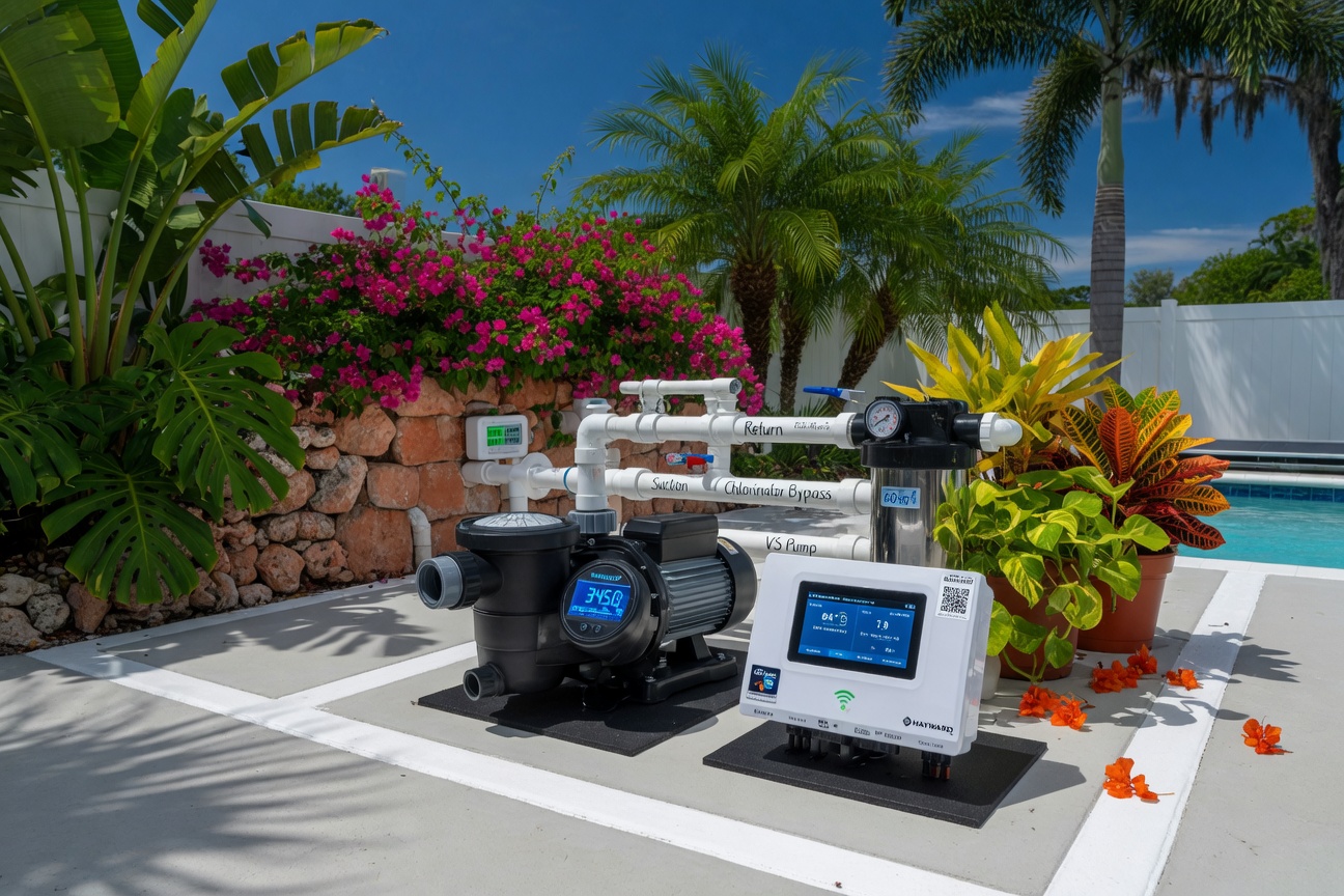 Modern variable speed pool pump with smart automation controller in a clean equipment pad surrounded by tropical landscaping in Southwest Florida, bright daylight photography
