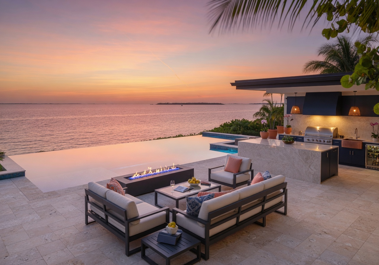 Luxurious outdoor living space in SWFL with sealed travertine pavers, modern furniture, outdoor kitchen, and infinity pool overlooking the Gulf of Mexico at sunset