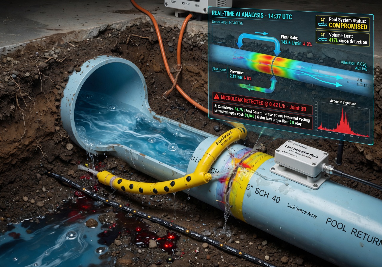 Leak detection sensor system installed on underground pool pipes with digital overlay showing water flow data and AI analysis, technical cutaway view, ultra realistic