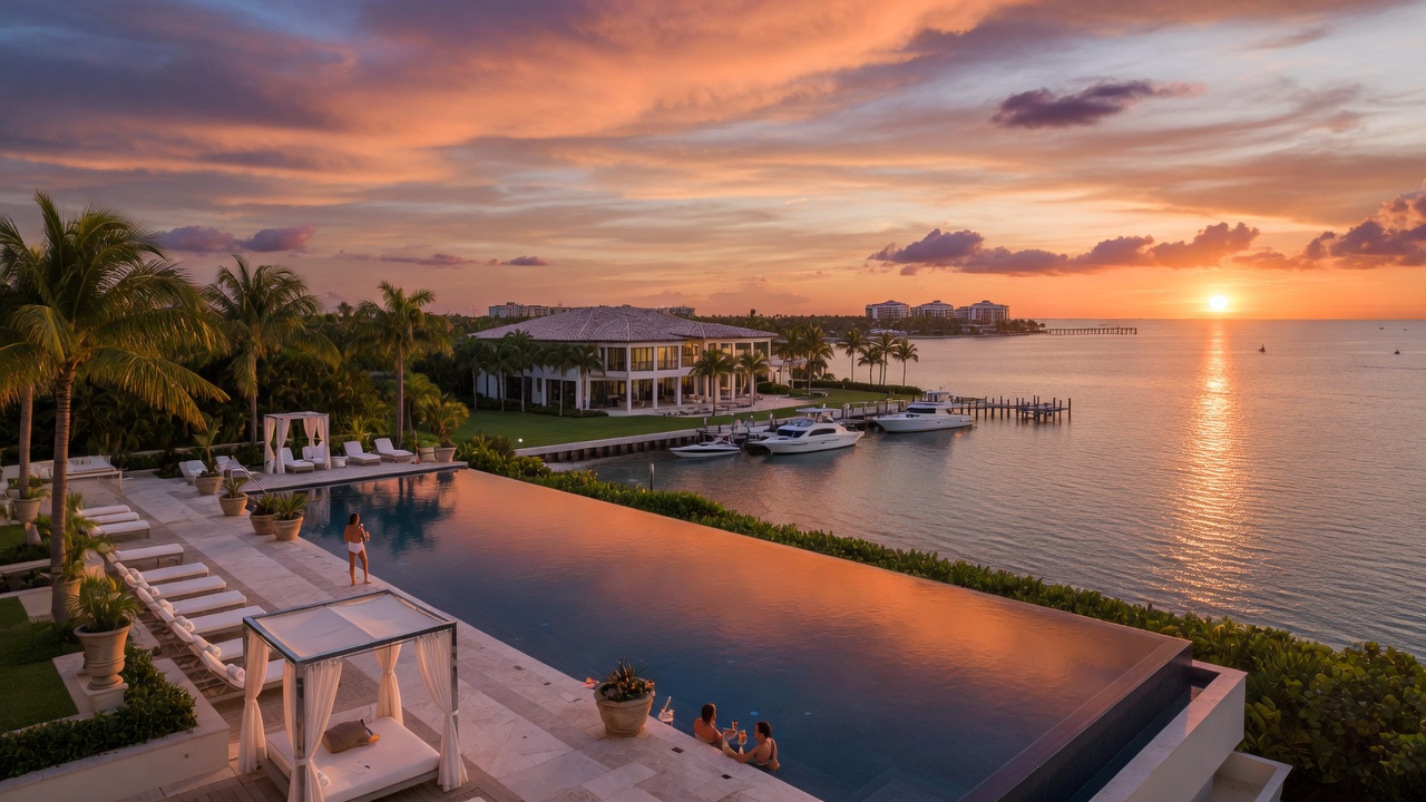 Ultra-realistic 8K aerial view of a luxurious infinity edge pool overlooking the Gulf of Mexico in Naples Florida at golden hour with dramatic sky