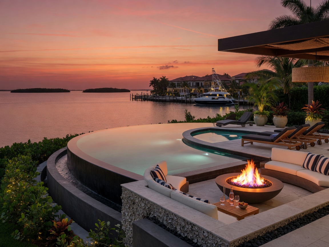 Custom negative edge pool with fire pit and outdoor seating area in an exclusive Naples Florida waterfront community at sunset