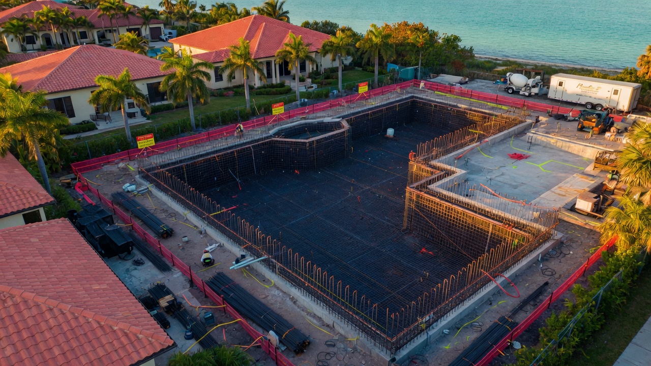 Aerial perspective of a large-scale pool remodeling project in progress in Naples FL showing rebar reinforcement for hurricane standards