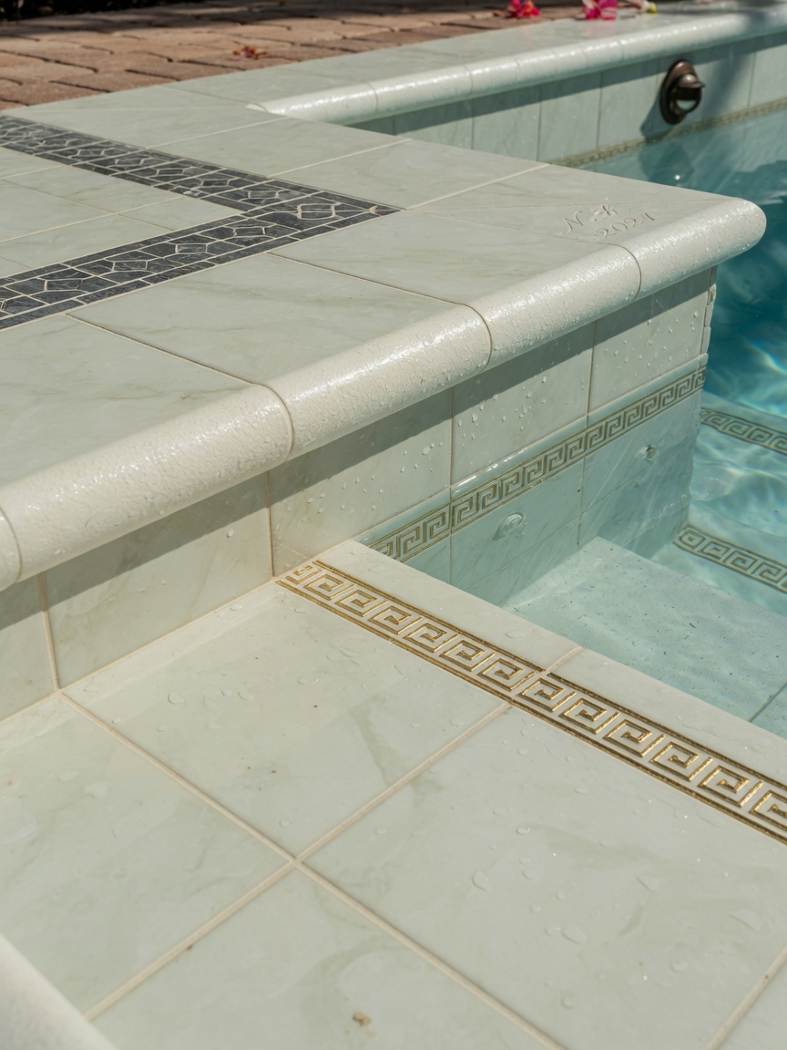 Elegant porcelain tile detailing and coping work on a luxury pool remodel in Naples Florida, extreme close-up texture detail