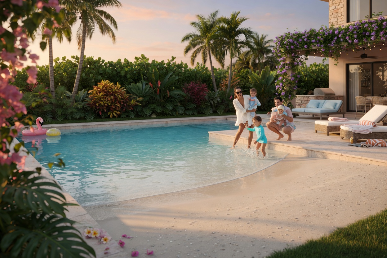 Family-friendly zero gravity beach entry pool with gentle slope in a beautiful Naples Florida backyard surrounded by lush landscaping