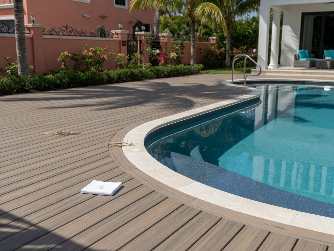 High-end composite decking surrounding a newly remodeled swimming pool in a Naples gated community, realistic sunlight and shadows