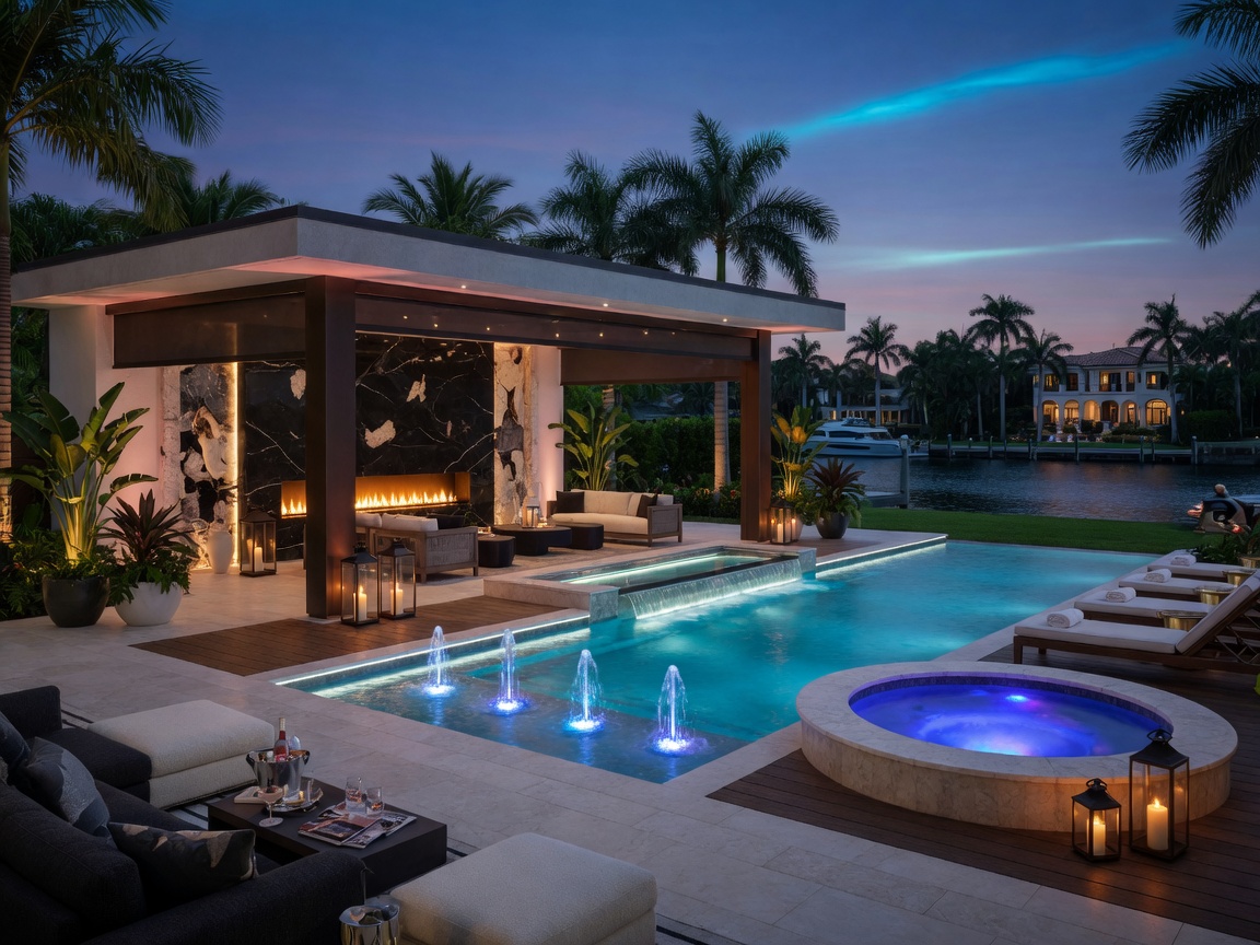 Sophisticated outdoor living space with pool, spa, and fireplace in Naples Florida during blue hour with illuminated water features