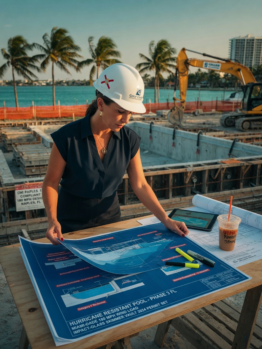 Engineer reviewing hurricane-resistant pool plans at a construction site in Naples Florida, professional setting with blueprints