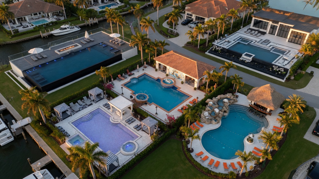Drone shot of multiple luxury pools in a prestigious Naples Florida neighborhood showcasing different remodeling styles and designs