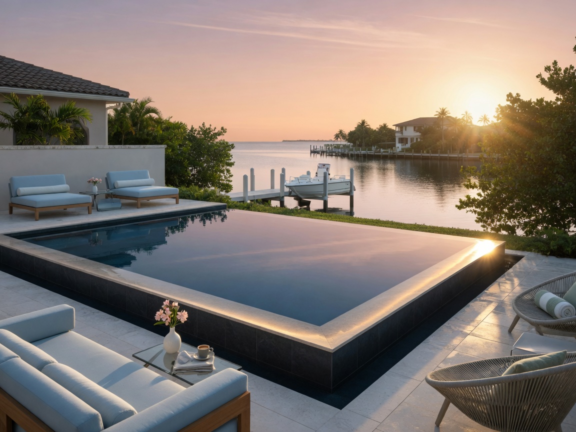 Tranquil morning scene of a completed high-ROI pool remodel in Naples FL featuring clean lines, modern furniture, and Gulf access view