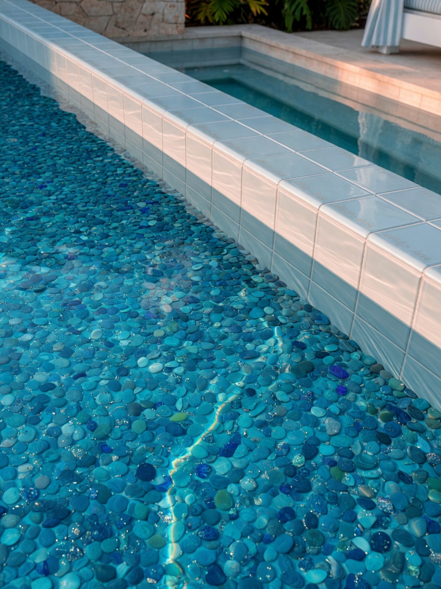 Close-up of high-end Pebblesheen pool finish in tropical blue tones with pristine porcelain tile waterline in a Naples luxury backyard, sharp detail