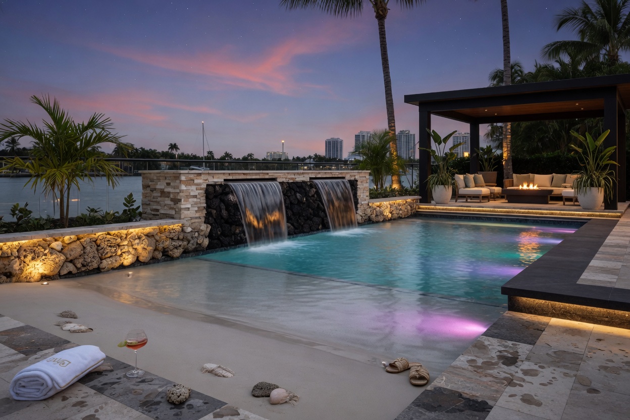 Modern zero-entry beach style swimming pool with natural stone accents and integrated waterfall features in an upscale Naples Florida backyard at twilight