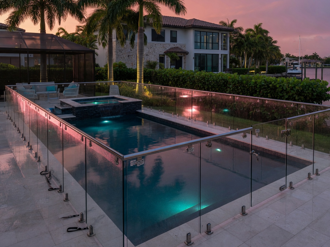 Hurricane-resistant impact glass pool fence surrounding a contemporary rectangular pool in a high-end Naples Florida community, realistic lighting