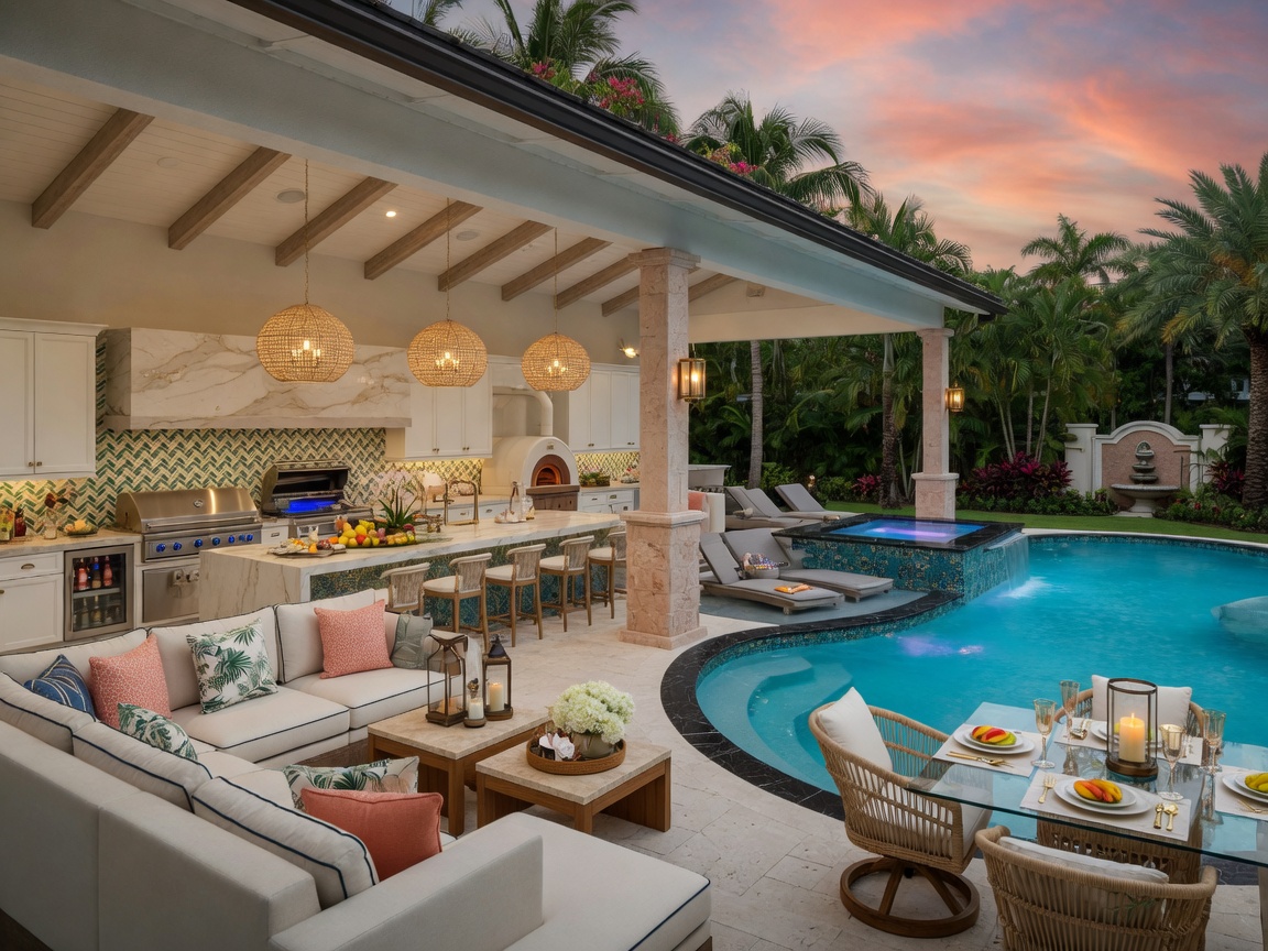 Luxurious outdoor summer kitchen and covered lanai integrated with a remodeled swimming pool in Naples Florida, high-end furniture and lighting